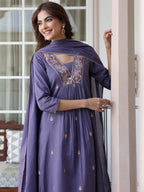 Janasya Dark Cotton Embroidered A-Line Kurta Set - Distacart