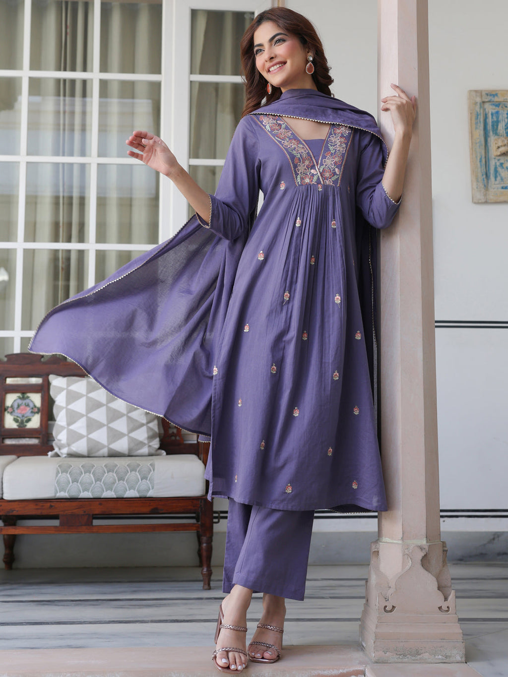 Janasya Dark Cotton Embroidered A-Line Kurta Set - Distacart