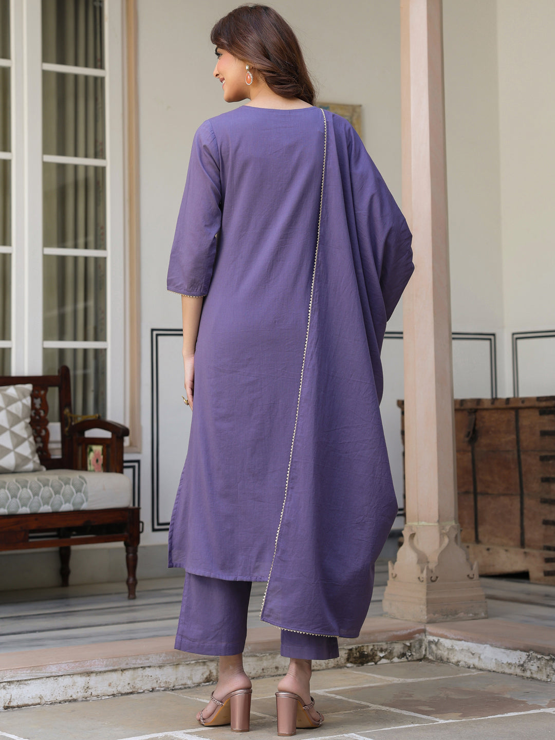 Janasya Dark Cotton Embroidered A-Line Kurta Set - Distacart