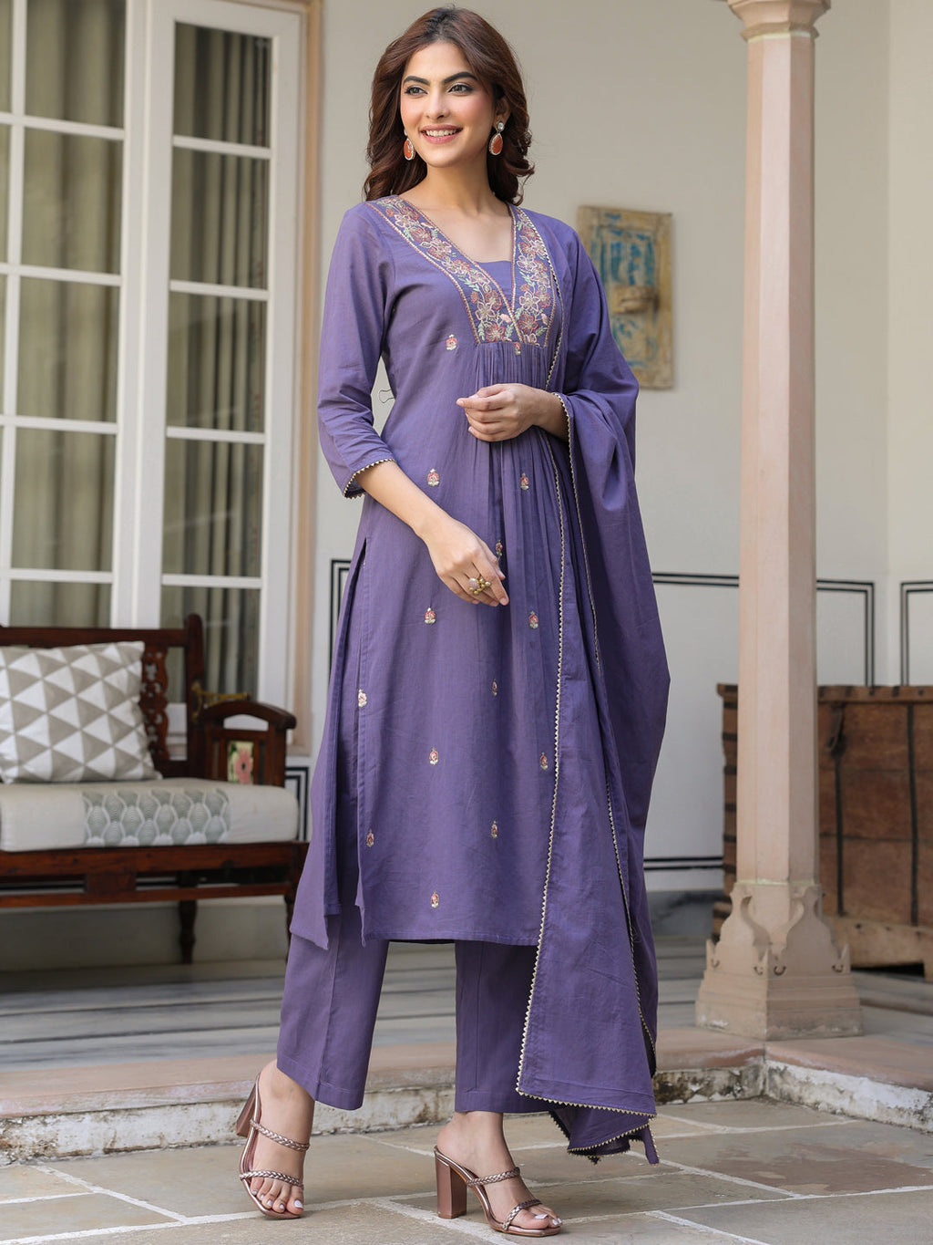 Janasya Dark Cotton Embroidered A-Line Kurta Set - Distacart