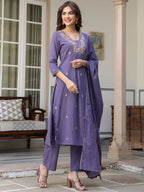 Janasya Dark Cotton Embroidered A-Line Kurta Set - Distacart