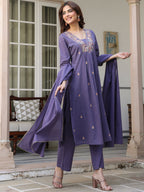 Janasya Dark Cotton Embroidered A-Line Kurta Set - Distacart