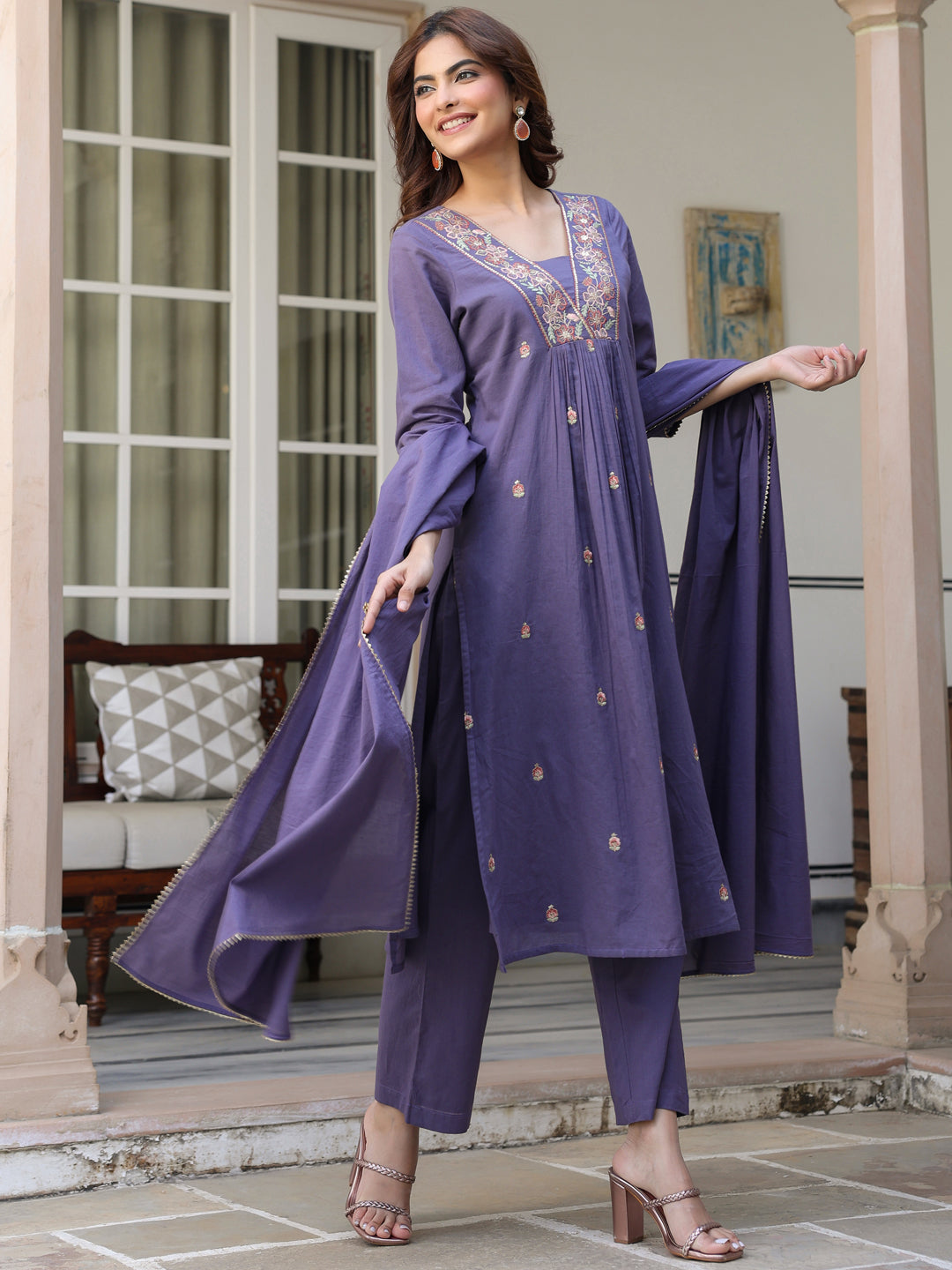 Janasya Dark Cotton Embroidered A-Line Kurta Set - Distacart