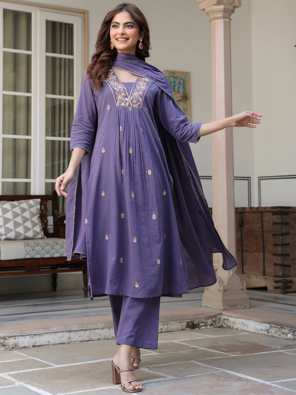 Janasya Dark Cotton Embroidered A-Line Kurta Set - Distacart
