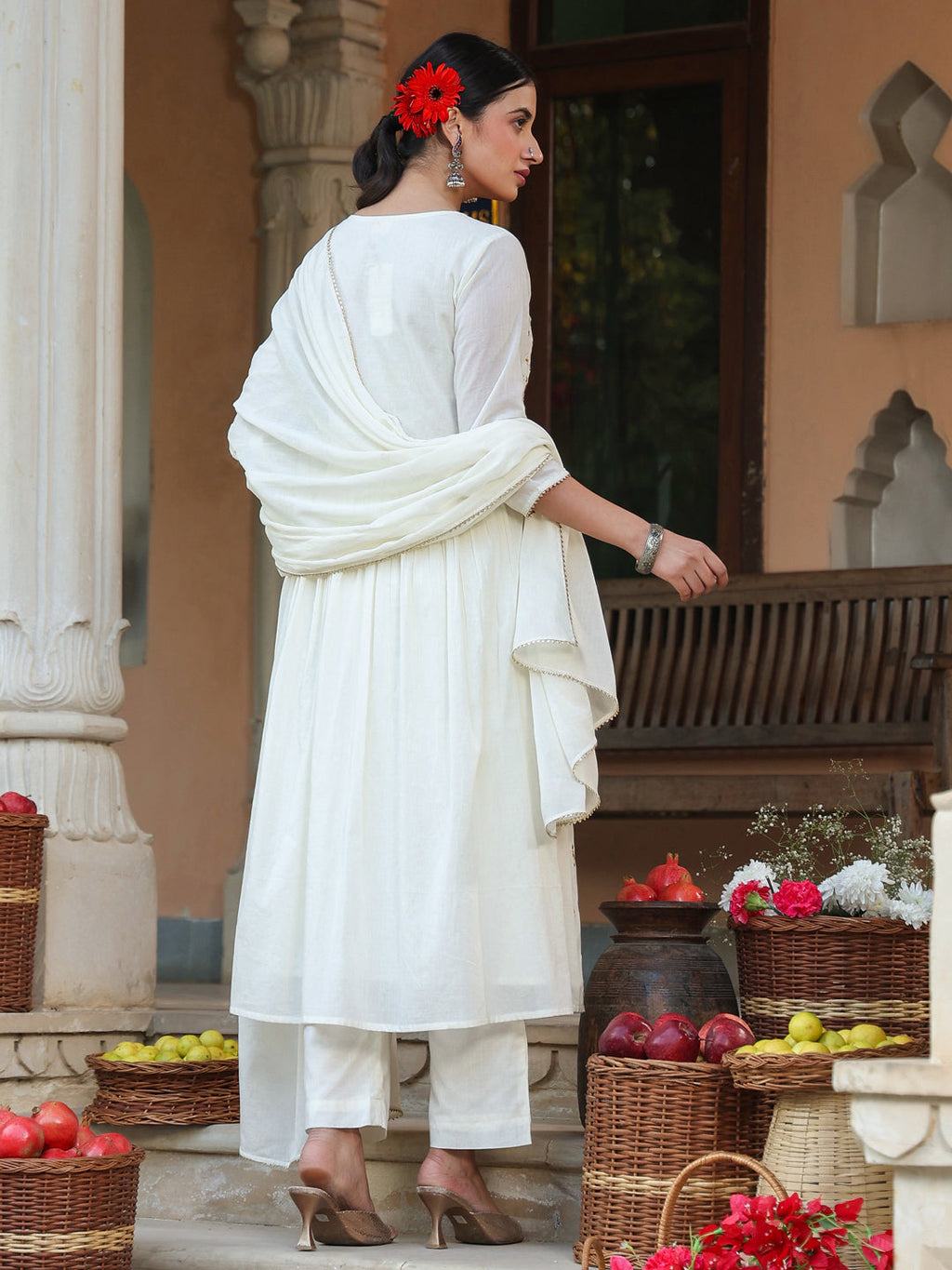 Janasya Light Cotton Embroidered A-Line Kurta Set