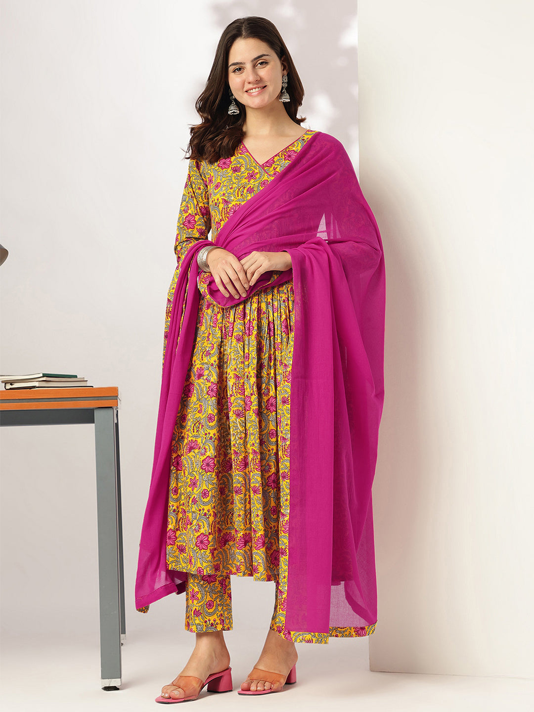 Janasya Bright Cotton Floral Angrakha Kurta Set - Distacart