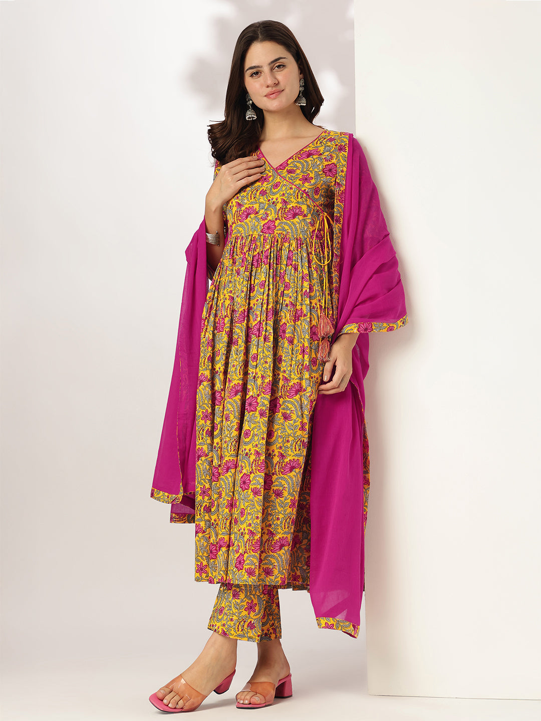 Janasya Bright Cotton Floral Angrakha Kurta Set - Distacart