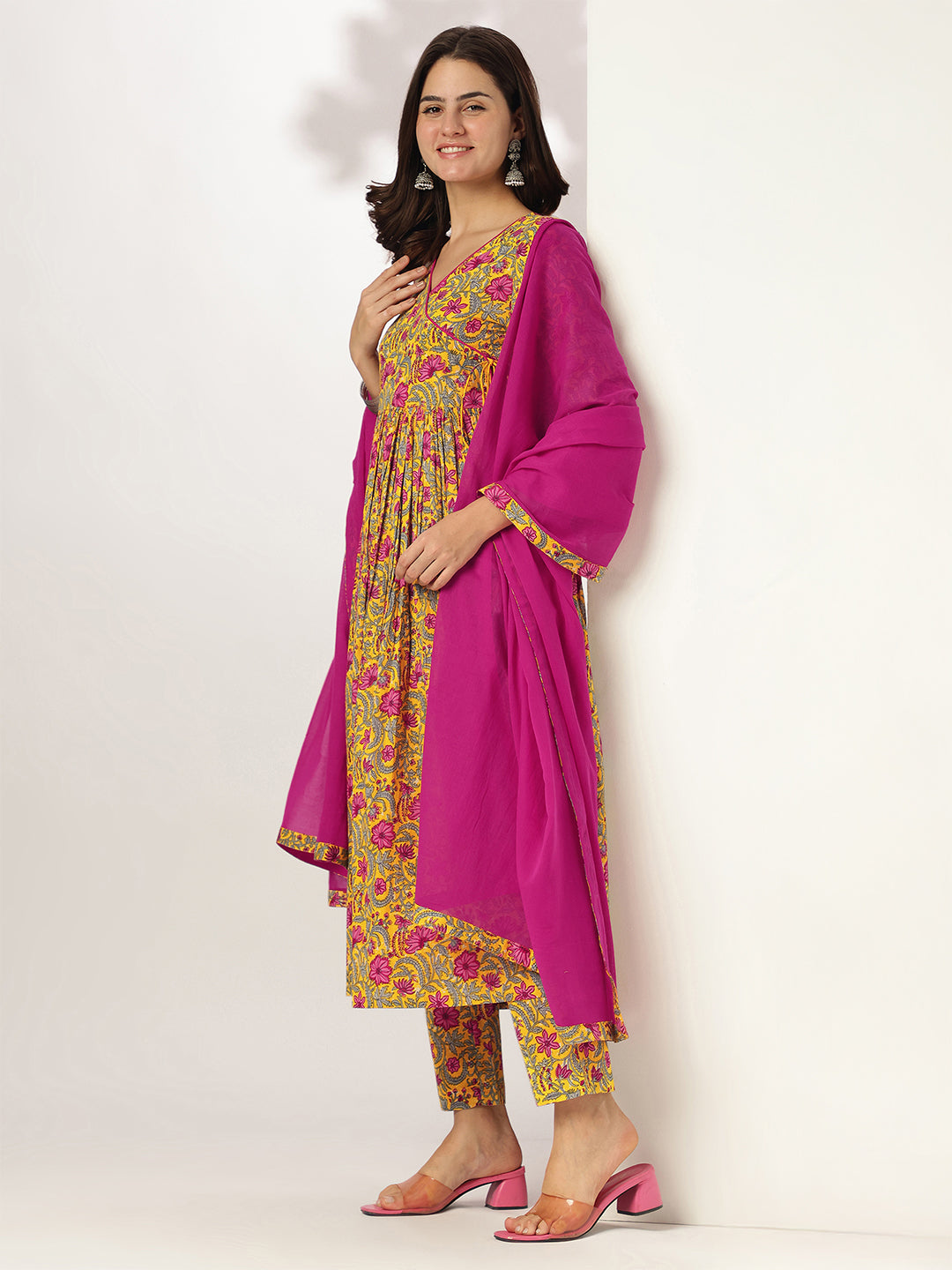 Janasya Bright Cotton Floral Angrakha Kurta Set - Distacart