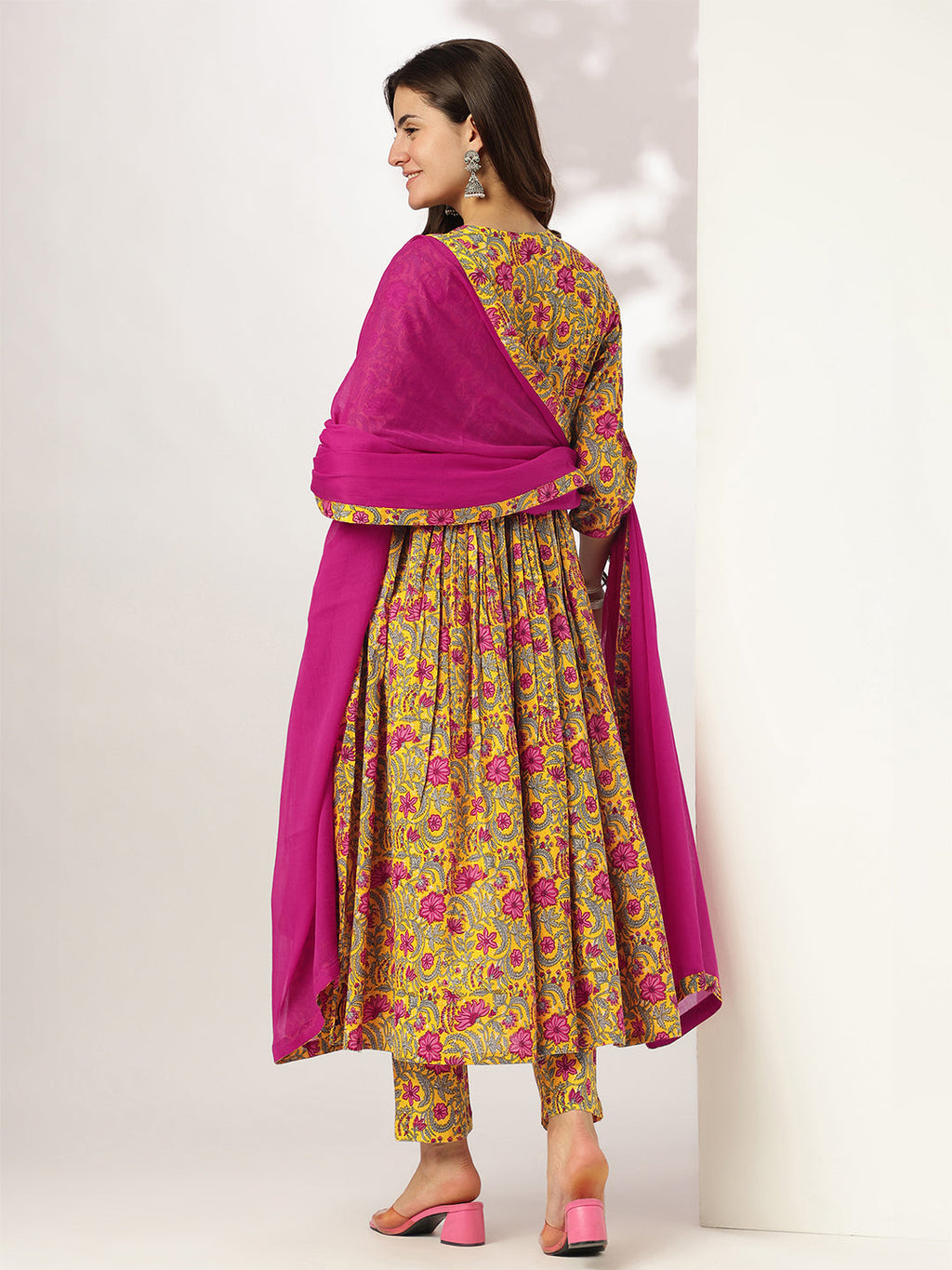 Janasya Bright Cotton Floral Angrakha Kurta Set - Distacart