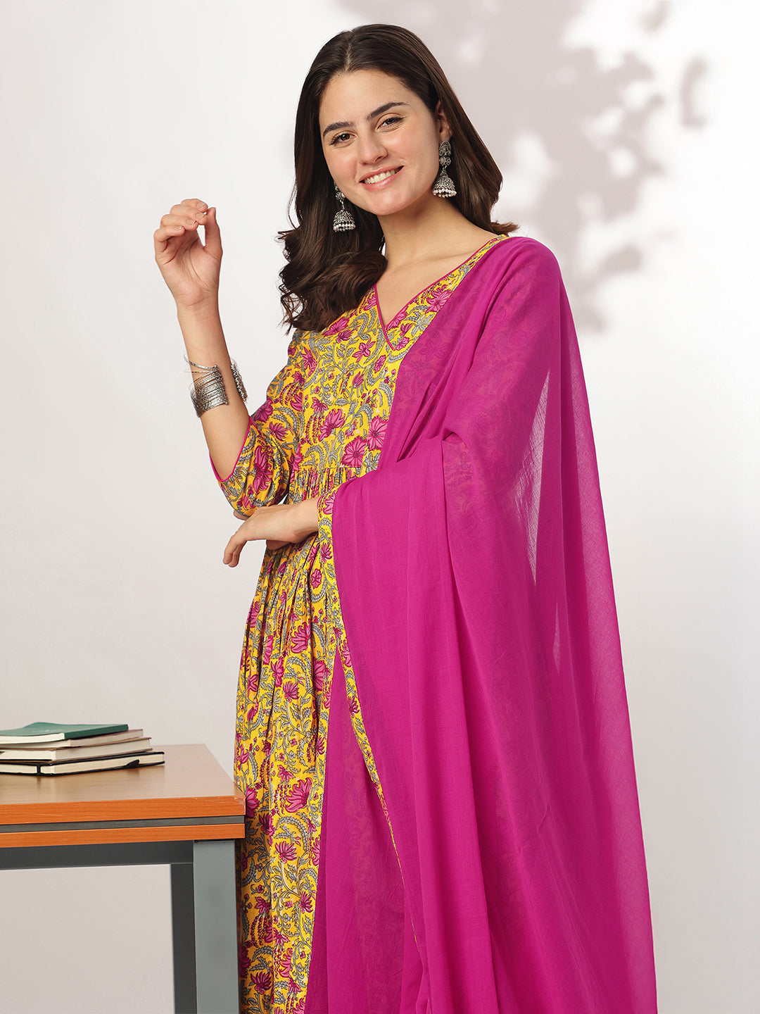 Janasya Bright Cotton Floral Angrakha Kurta Set - Distacart