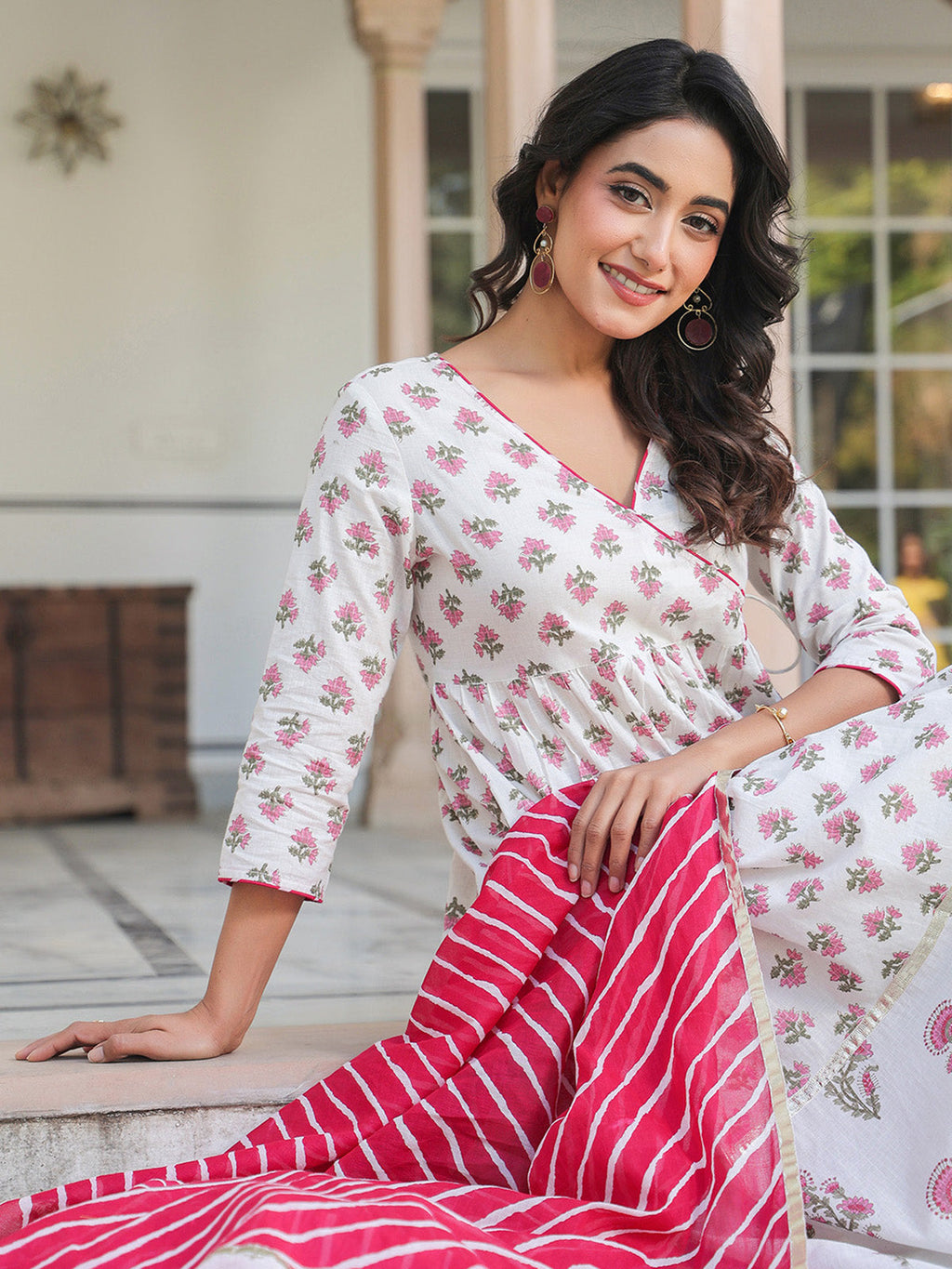Janasya Light Cotton Floral Angrakha Kurta Set - Distacart