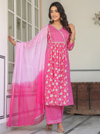Janasya Bright Cotton Floral A-Line Kurta Set - Distacart
