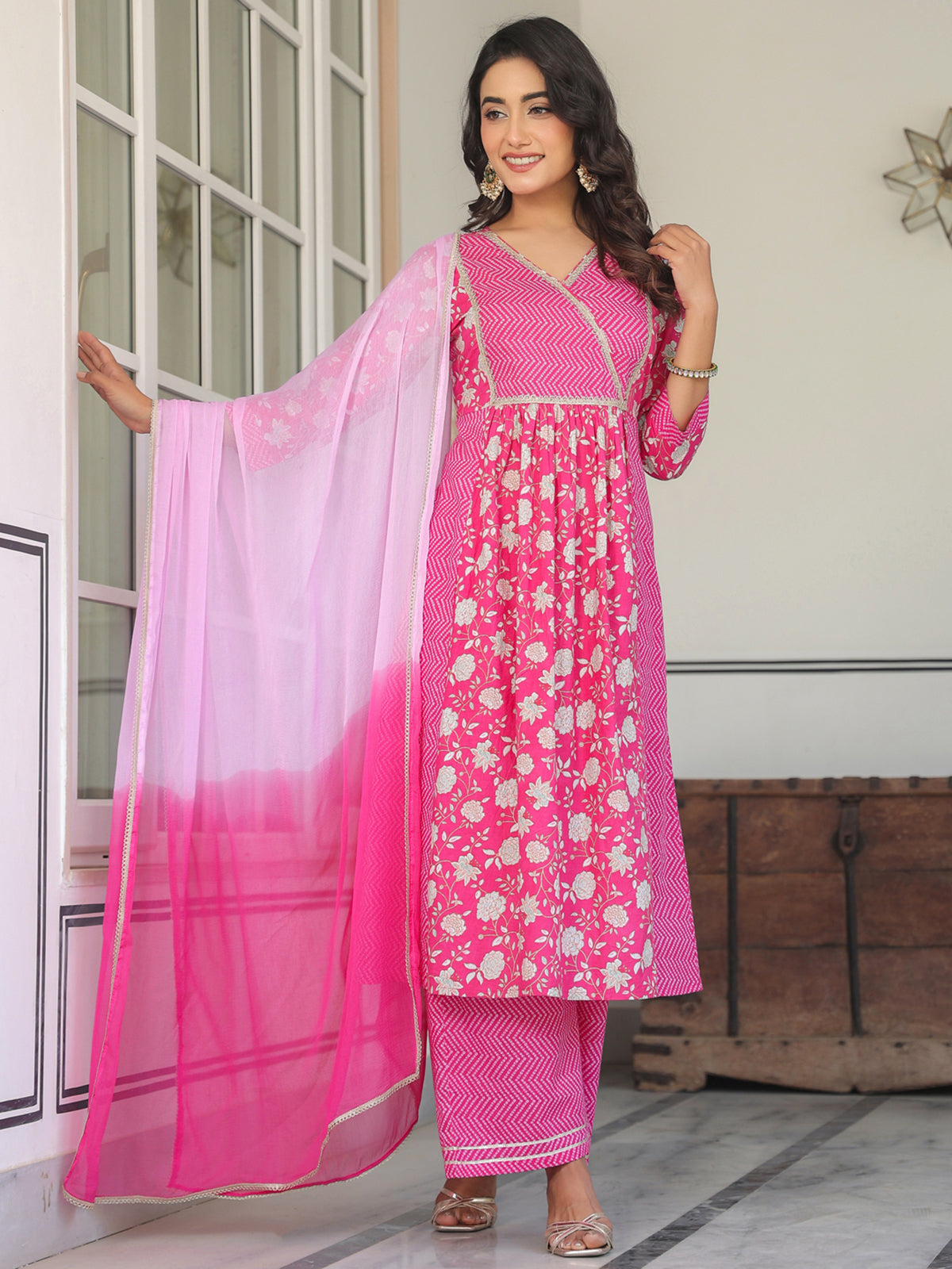 Janasya Bright Cotton Floral A-Line Kurta Set - Distacart