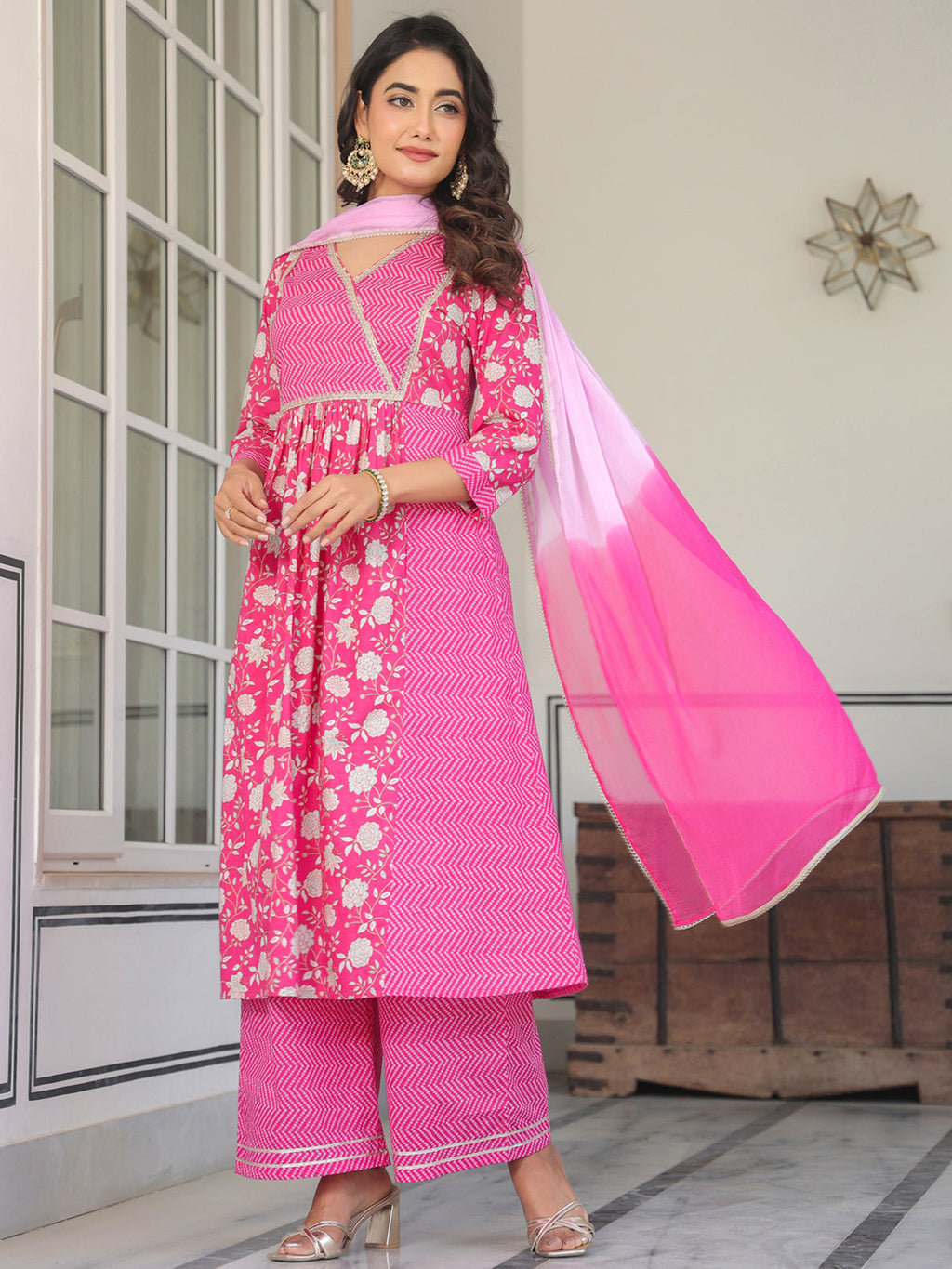 Janasya Bright Cotton Floral A-Line Kurta Set - Distacart