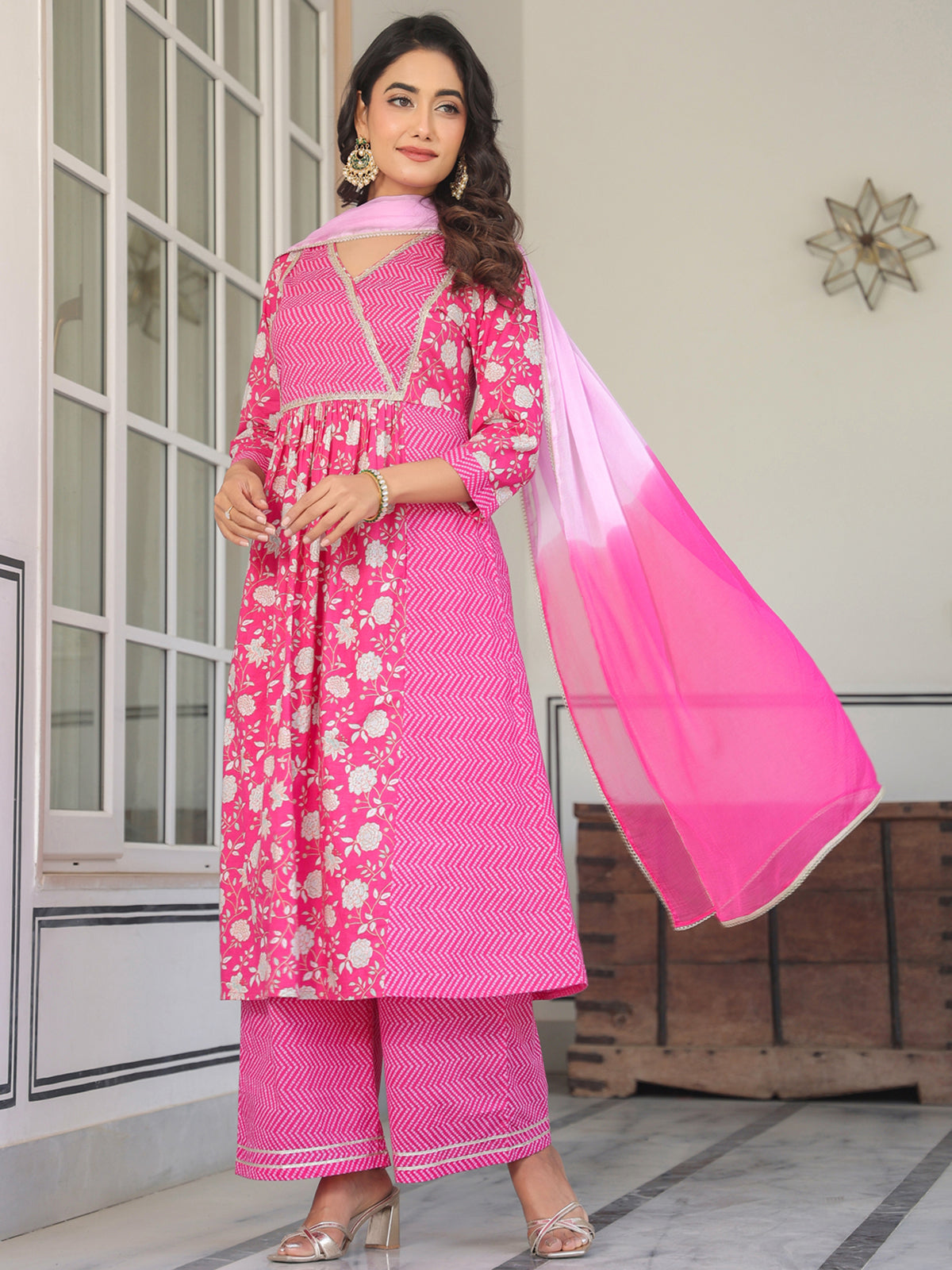 Janasya Bright Cotton Floral A-Line Kurta Set - Distacart
