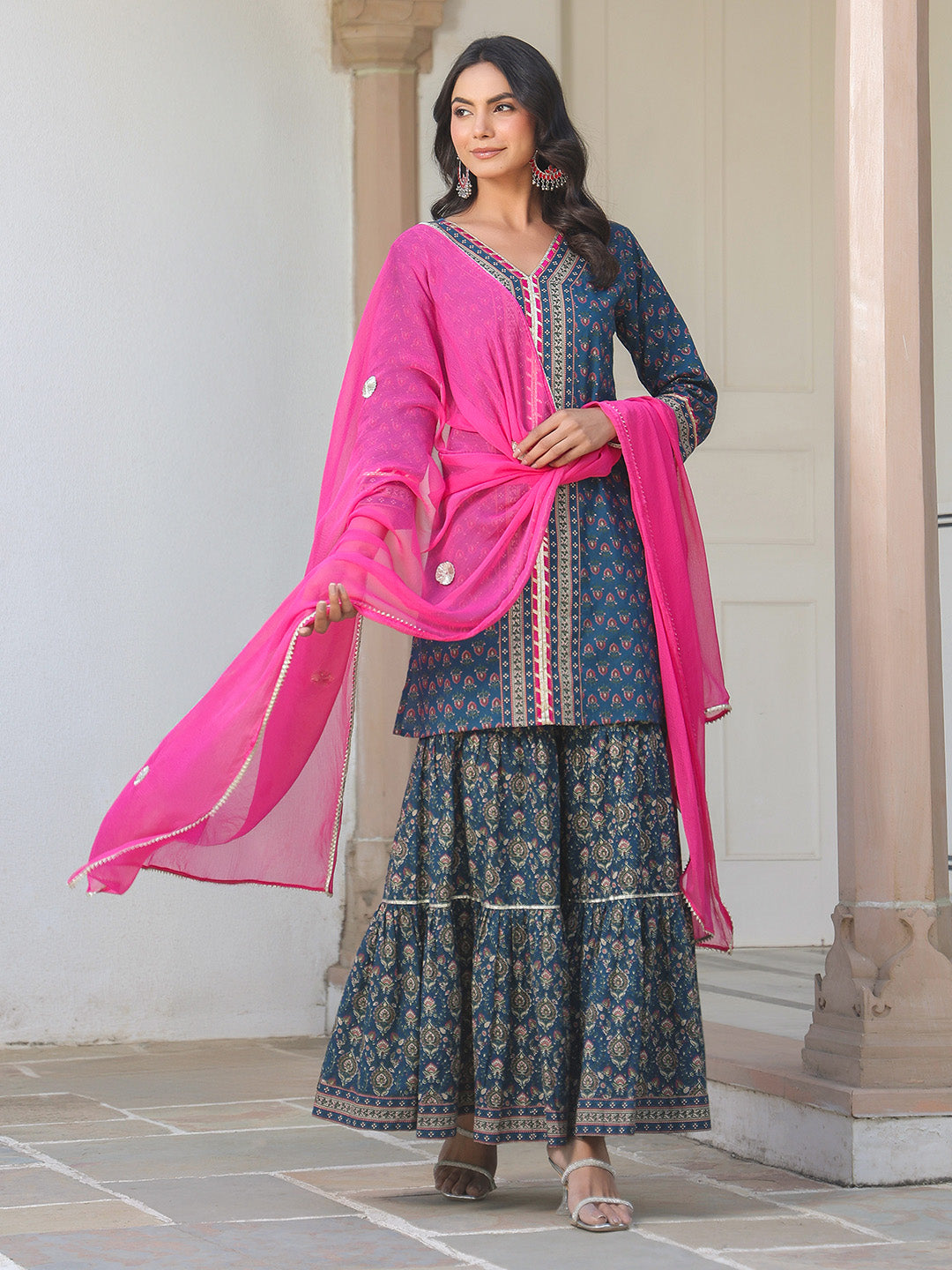 Janasya Dark Cotton Ethnic Motifs A-Line Kurta Set - Distacart