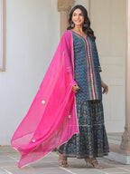 Janasya Dark Cotton Ethnic Motifs A-Line Kurta Set - Distacart