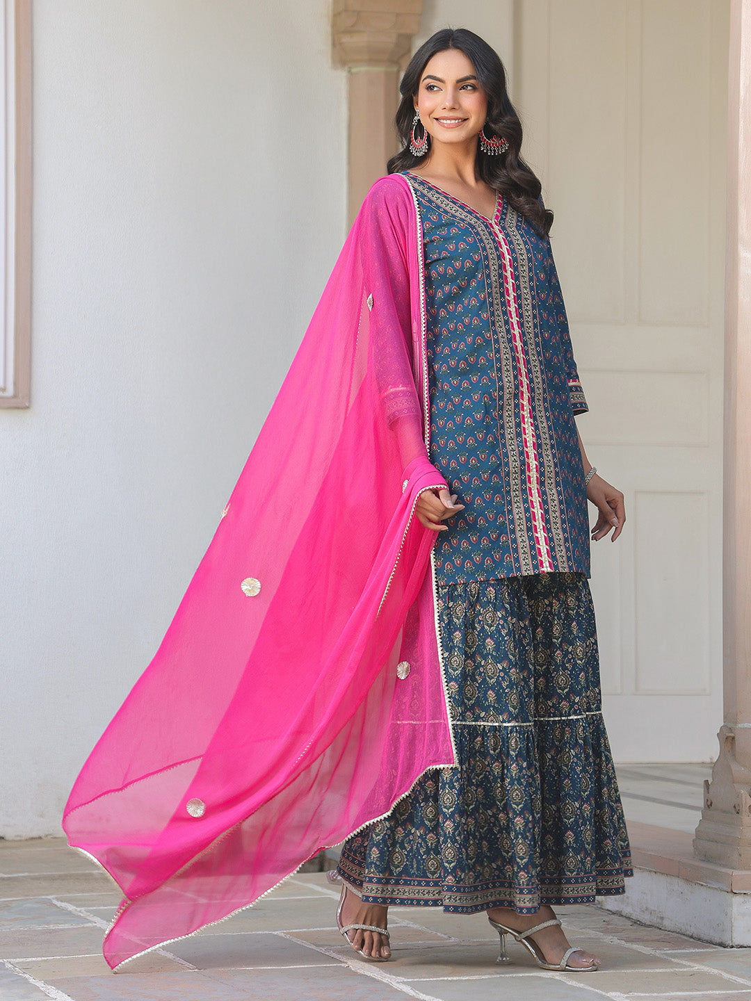 Janasya Dark Cotton Ethnic Motifs A-Line Kurta Set - Distacart