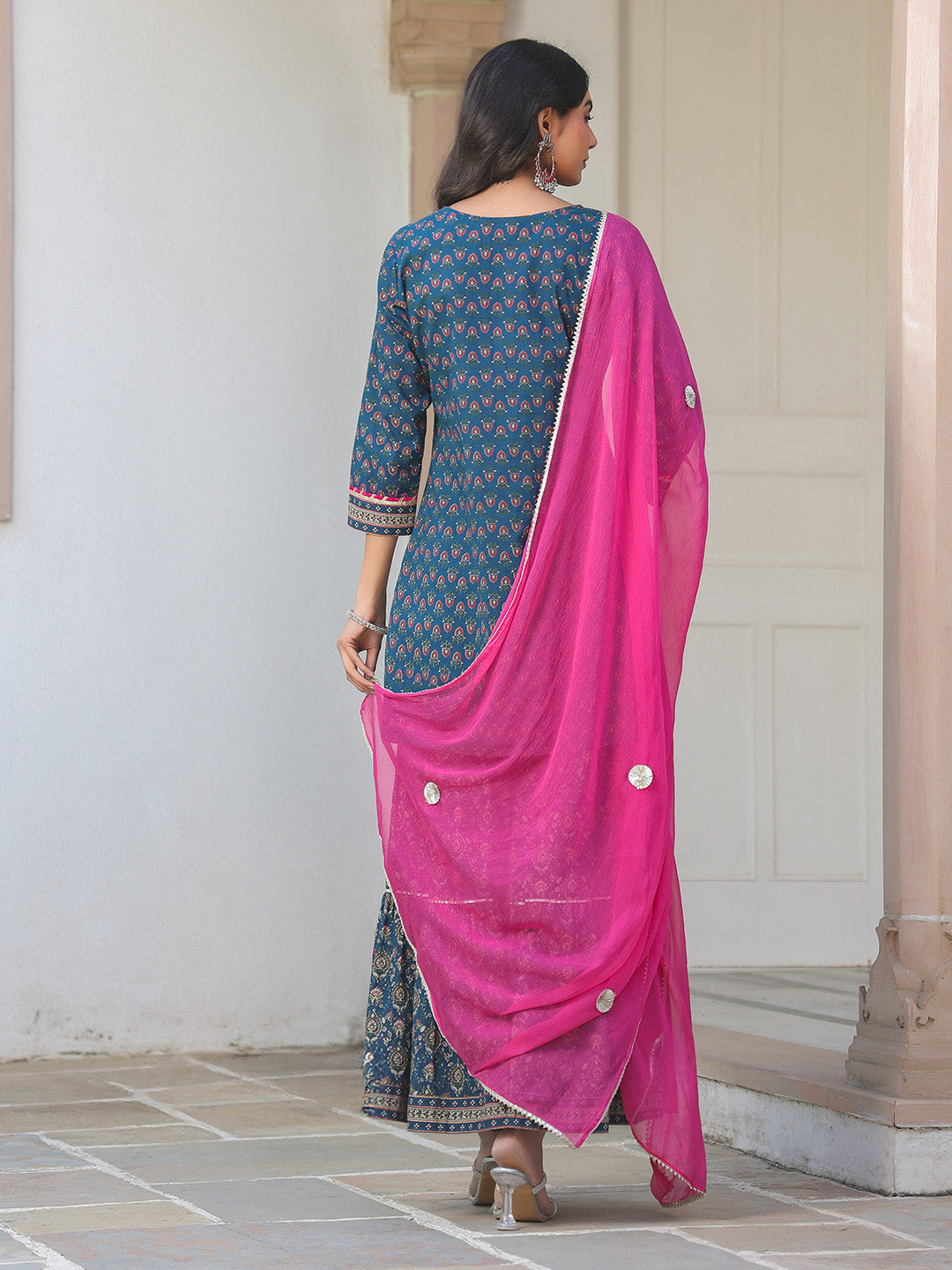 Janasya Dark Cotton Ethnic Motifs A-Line Kurta Set - Distacart