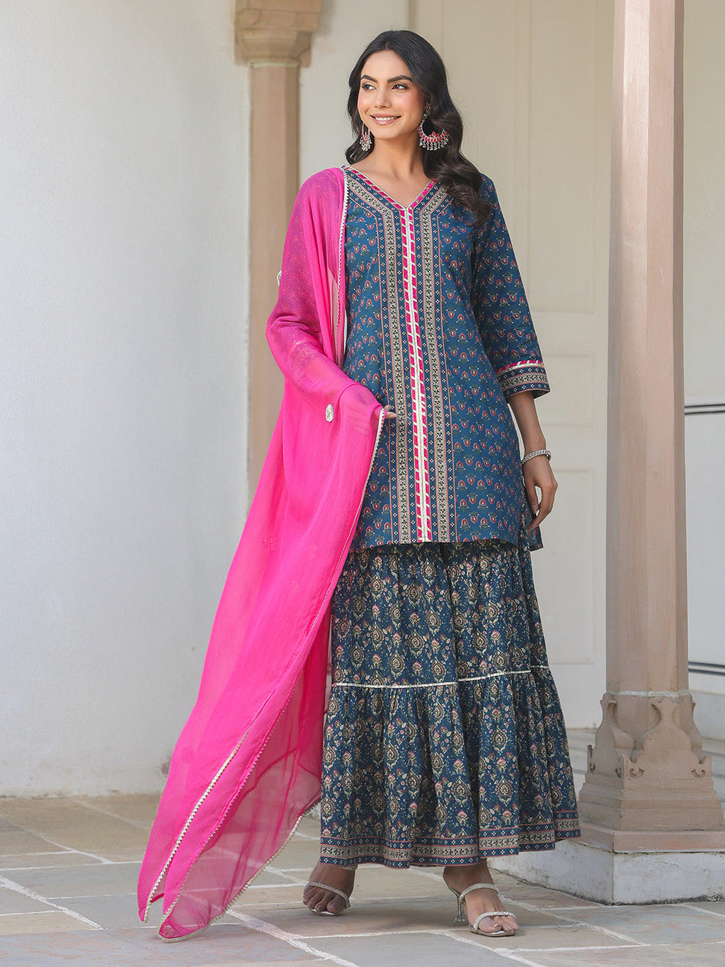 Janasya Dark Cotton Ethnic Motifs A-Line Kurta Set - Distacart