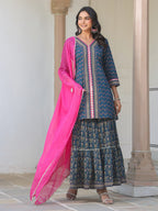 Janasya Dark Cotton Ethnic Motifs A-Line Kurta Set - Distacart