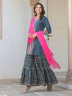 Janasya Dark Cotton Ethnic Motifs A-Line Kurta Set - Distacart