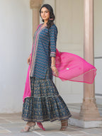 Janasya Dark Cotton Ethnic Motifs A-Line Kurta Set - Distacart
