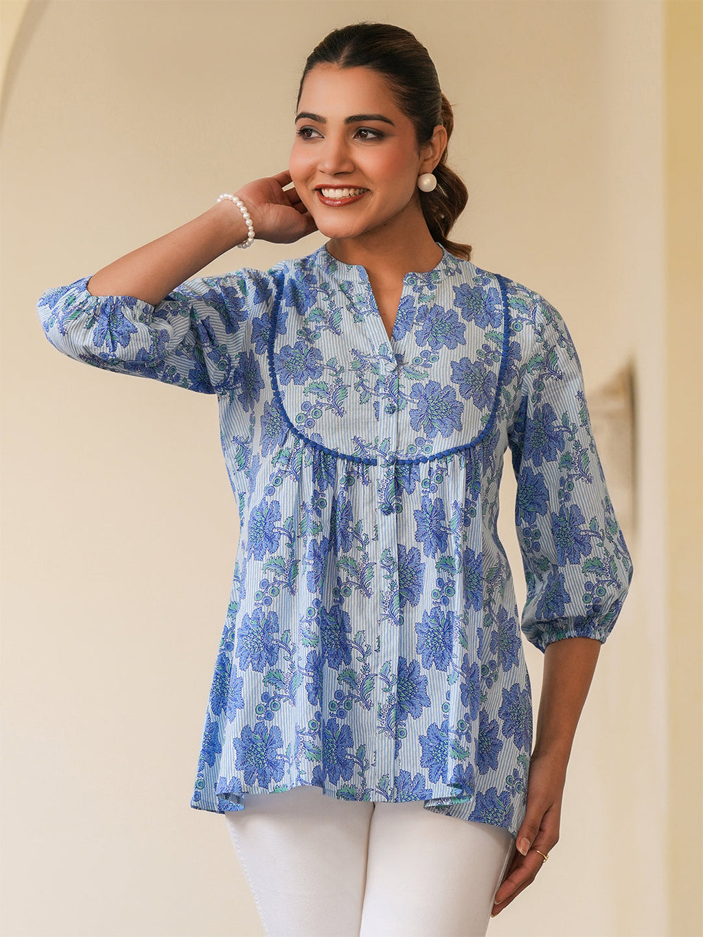 Janasya Light Cotton Floral A-Line Top - Distacart