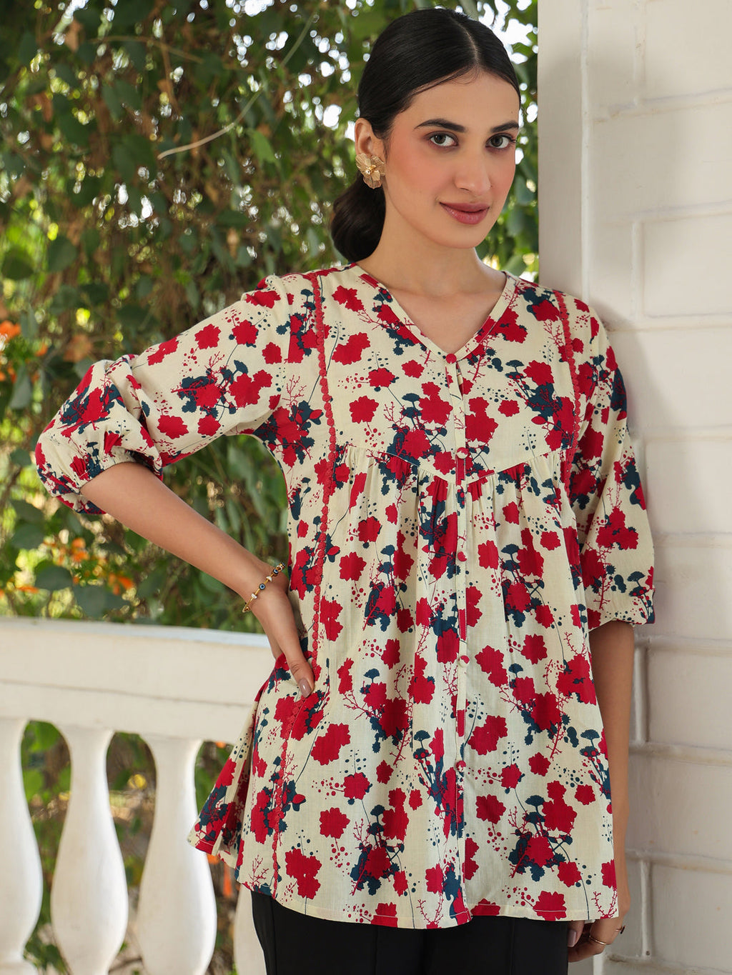 Janasya Light Cotton Floral A-Line Top - Distacart