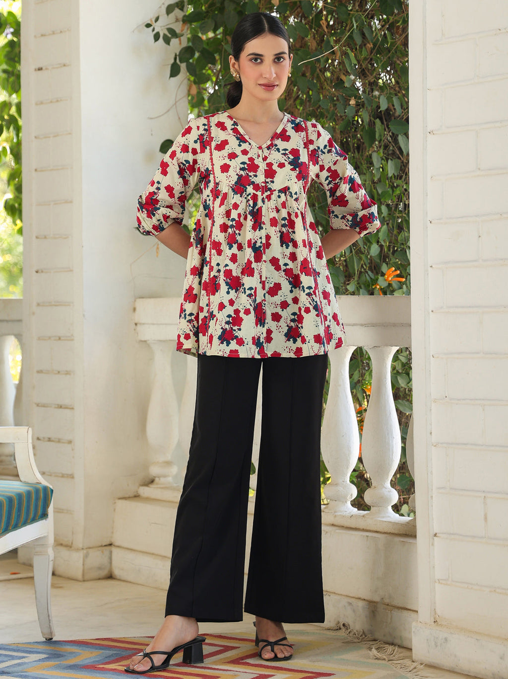 Janasya Light Cotton Floral A-Line Top - Distacart