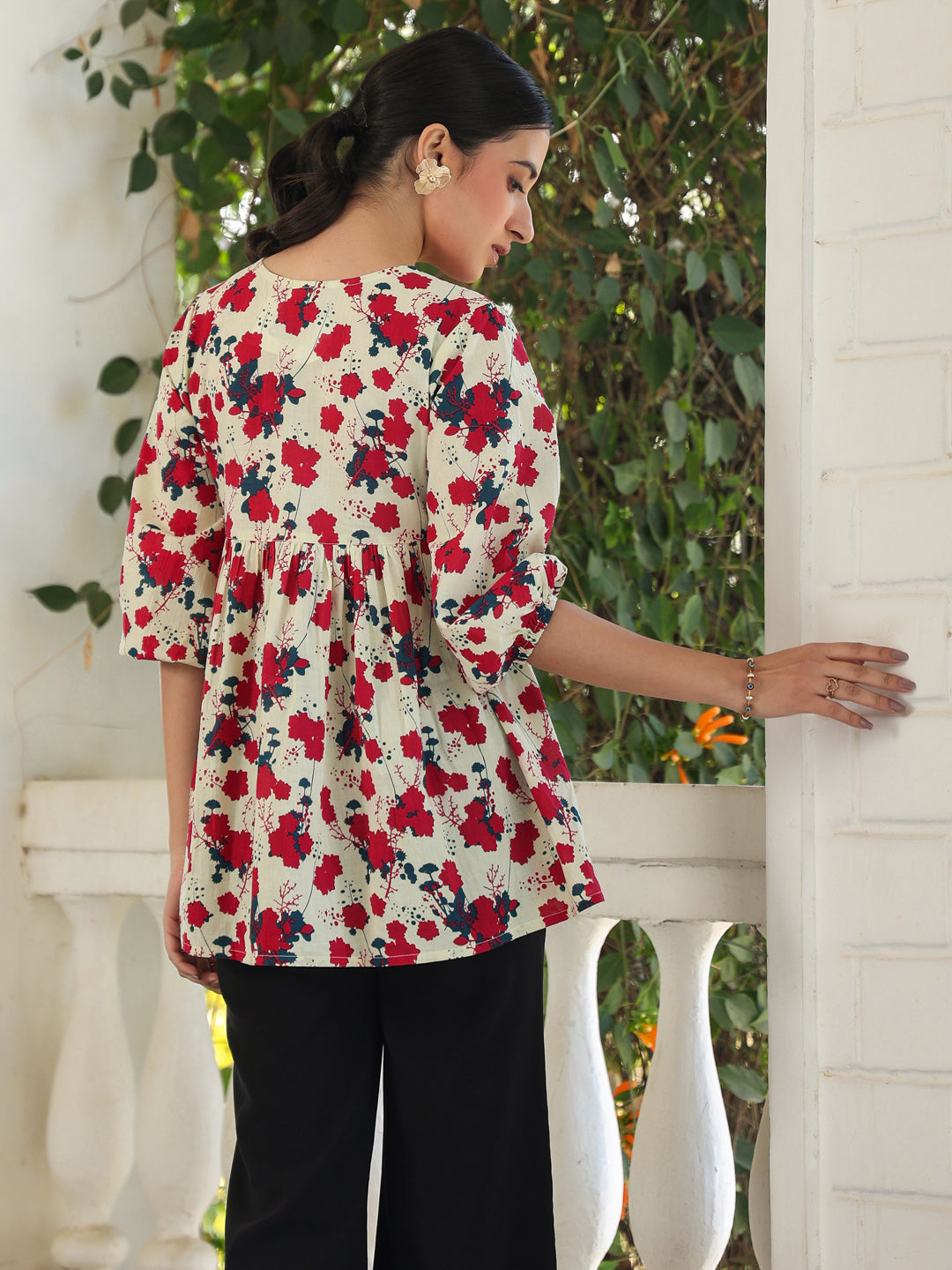 Janasya Light Cotton Floral A-Line Top - Distacart