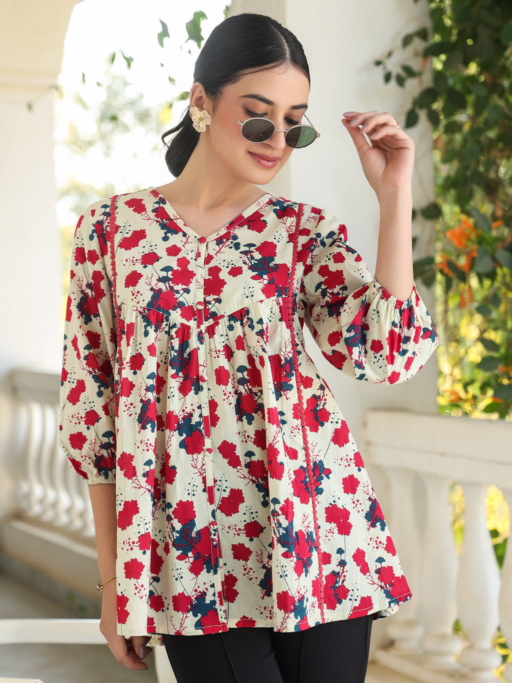 Janasya Light Cotton Floral A-Line Top - Distacart