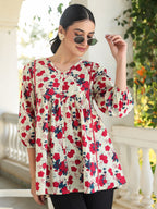 Janasya Light Cotton Floral A-Line Top - Distacart