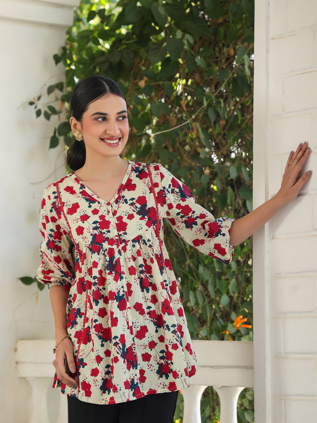 Janasya Light Cotton Floral A-Line Top - Distacart
