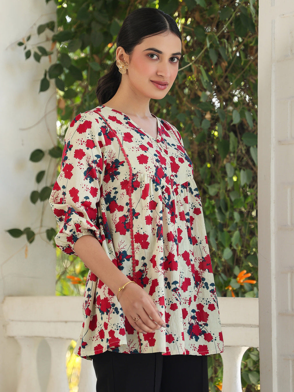 Janasya Light Cotton Floral A-Line Top - Distacart