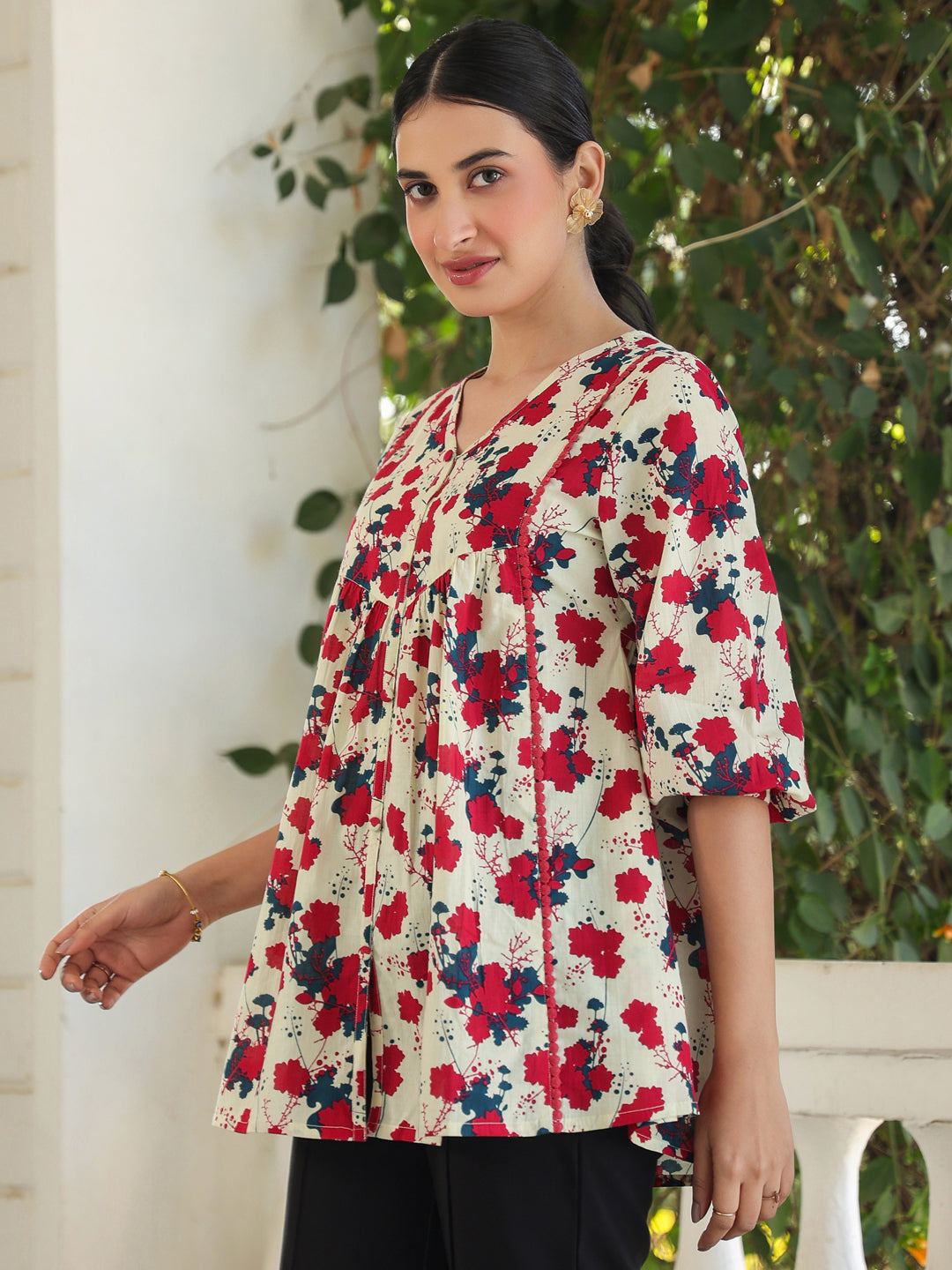 Janasya Light Cotton Floral A-Line Top - Distacart
