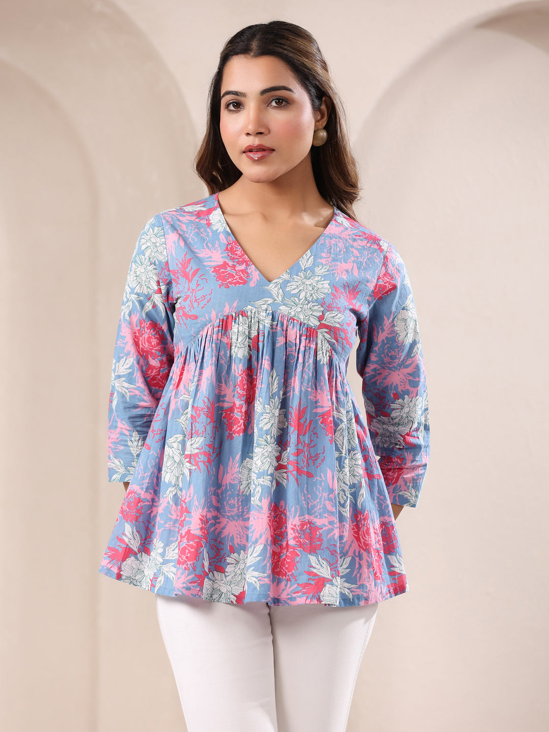 Janasya Light Cotton Floral A-Line Top - Distacart