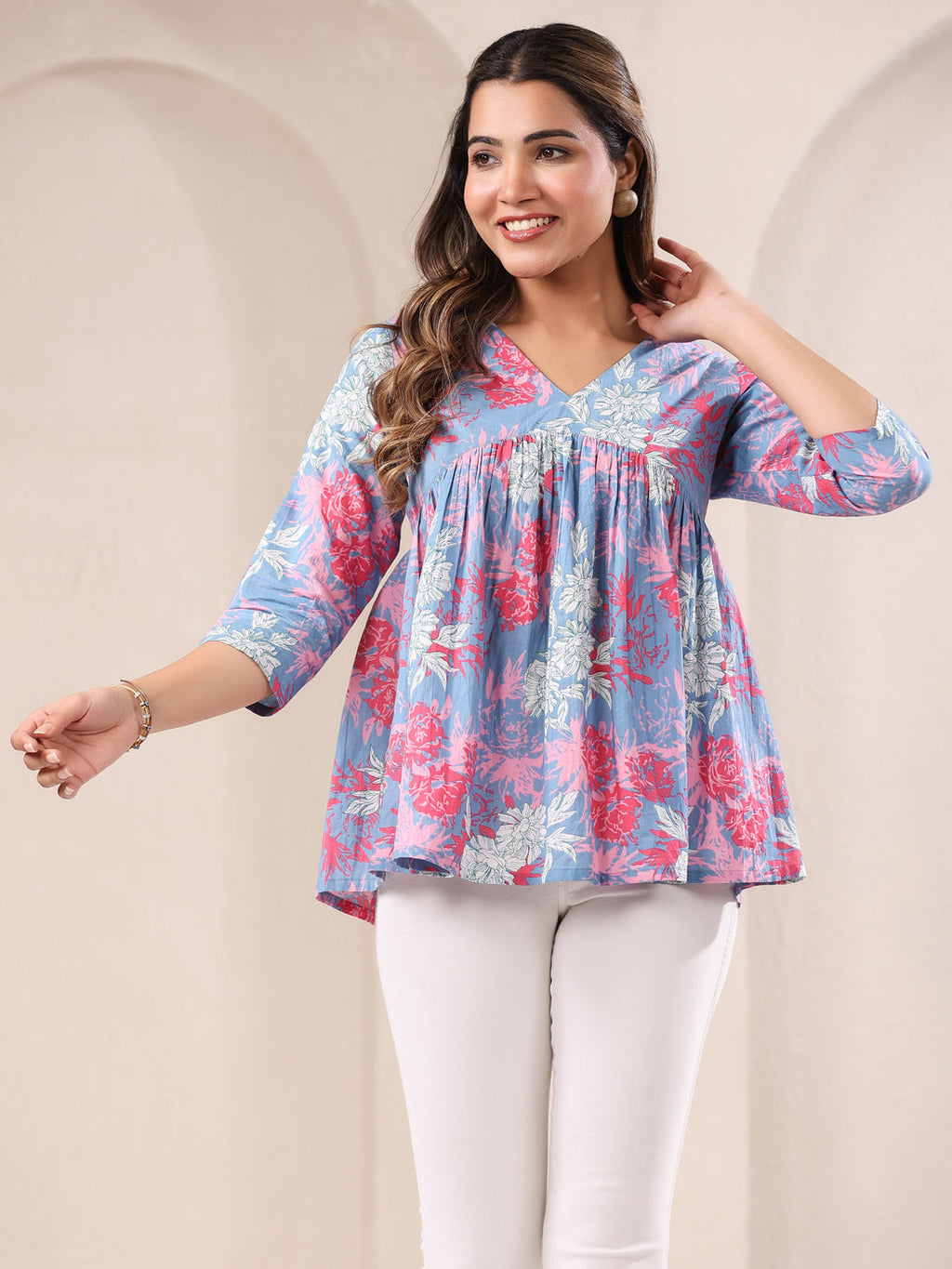 Janasya Light Cotton Floral A-Line Top - Distacart