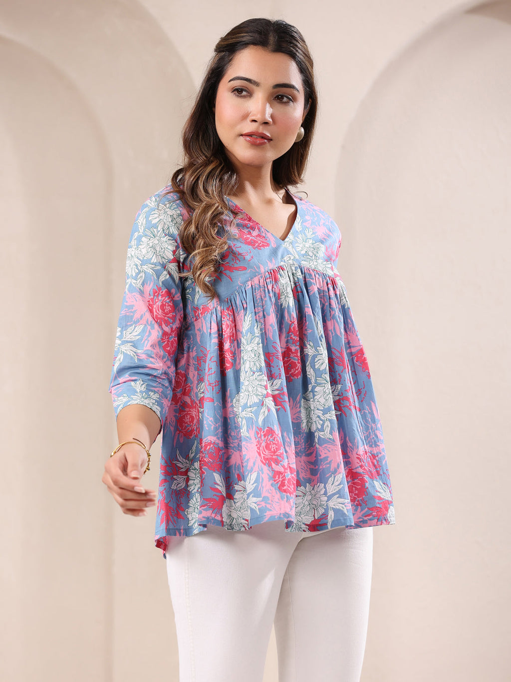 Janasya Light Cotton Floral A-Line Top - Distacart