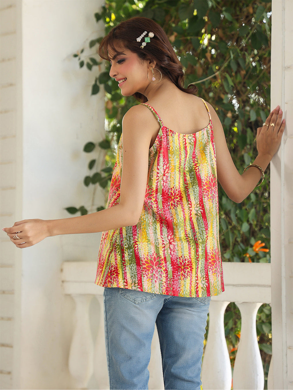 Janasya Bright Cotton Floral A-Line Top - Distacart