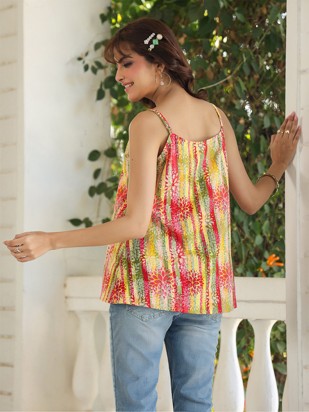 Janasya Bright Cotton Floral A-Line Top - Distacart