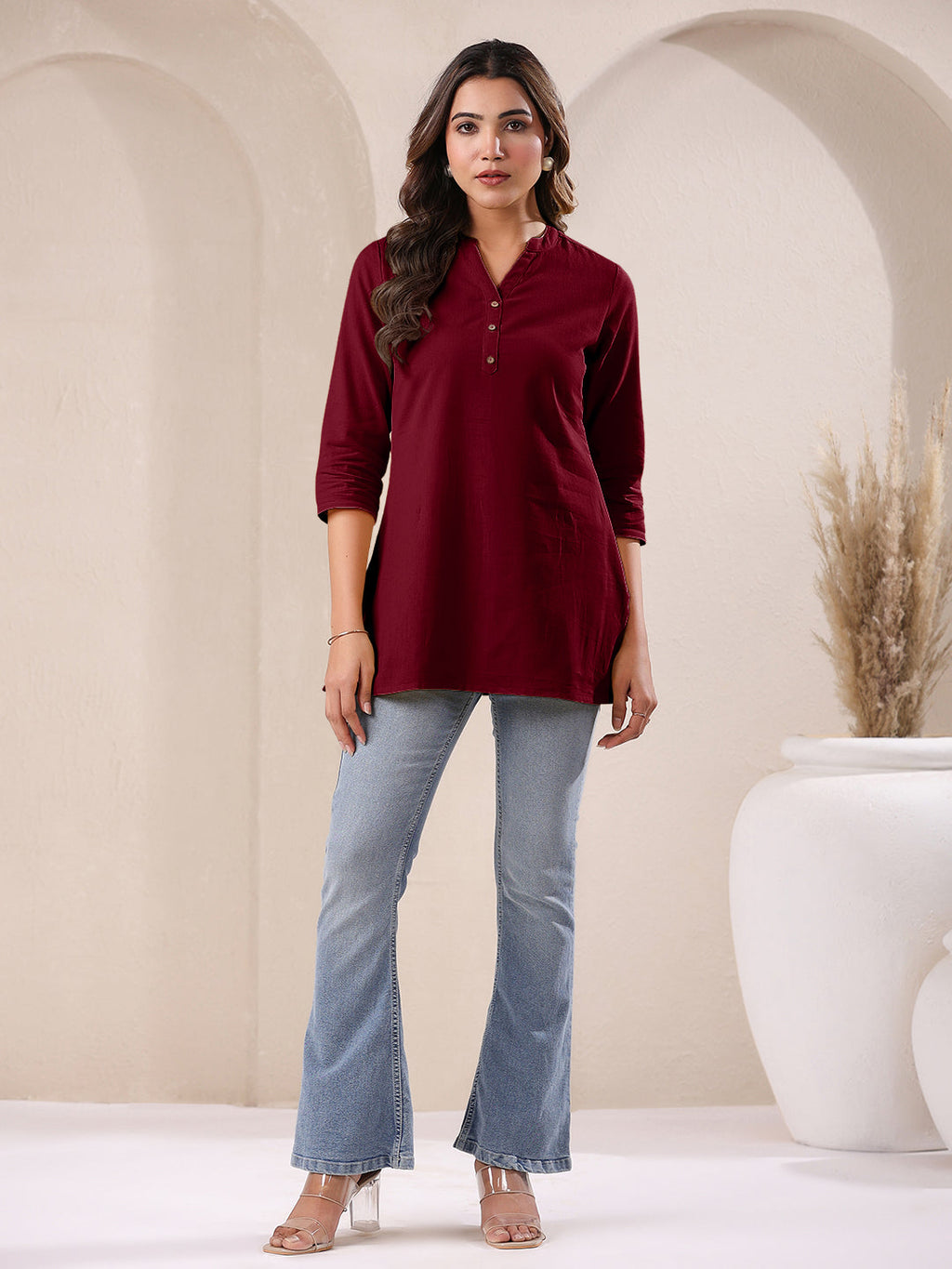 Janasya Dark Cotton Solid Straight TOP - Distacart