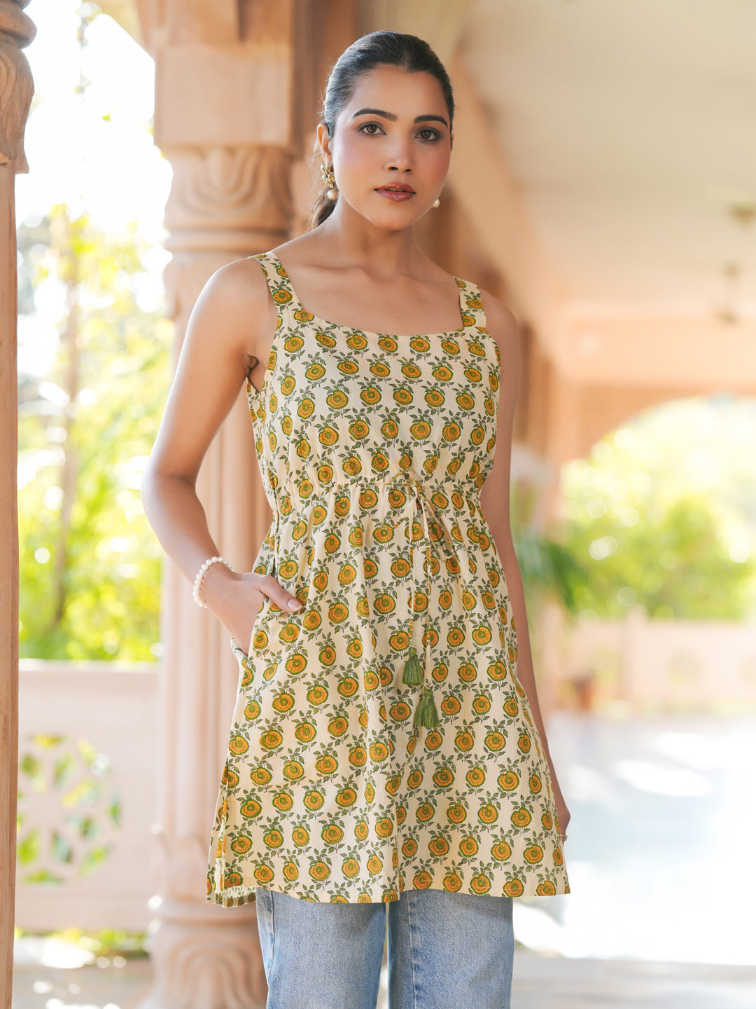 Janasya Light Cotton Floral A-Line Tunic - Distacart