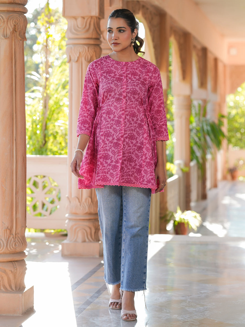 Janasya Dark Cotton Floral A-Line Tunic - Distacart