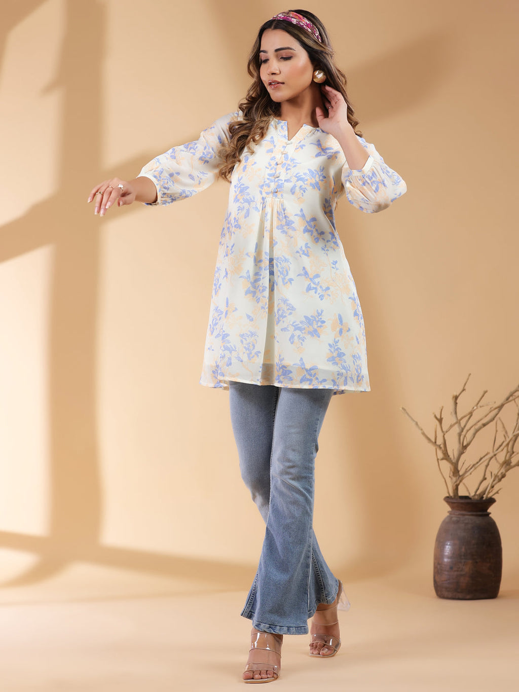 Janasya Light Georgette Floral A-Line Tunic - Distacart