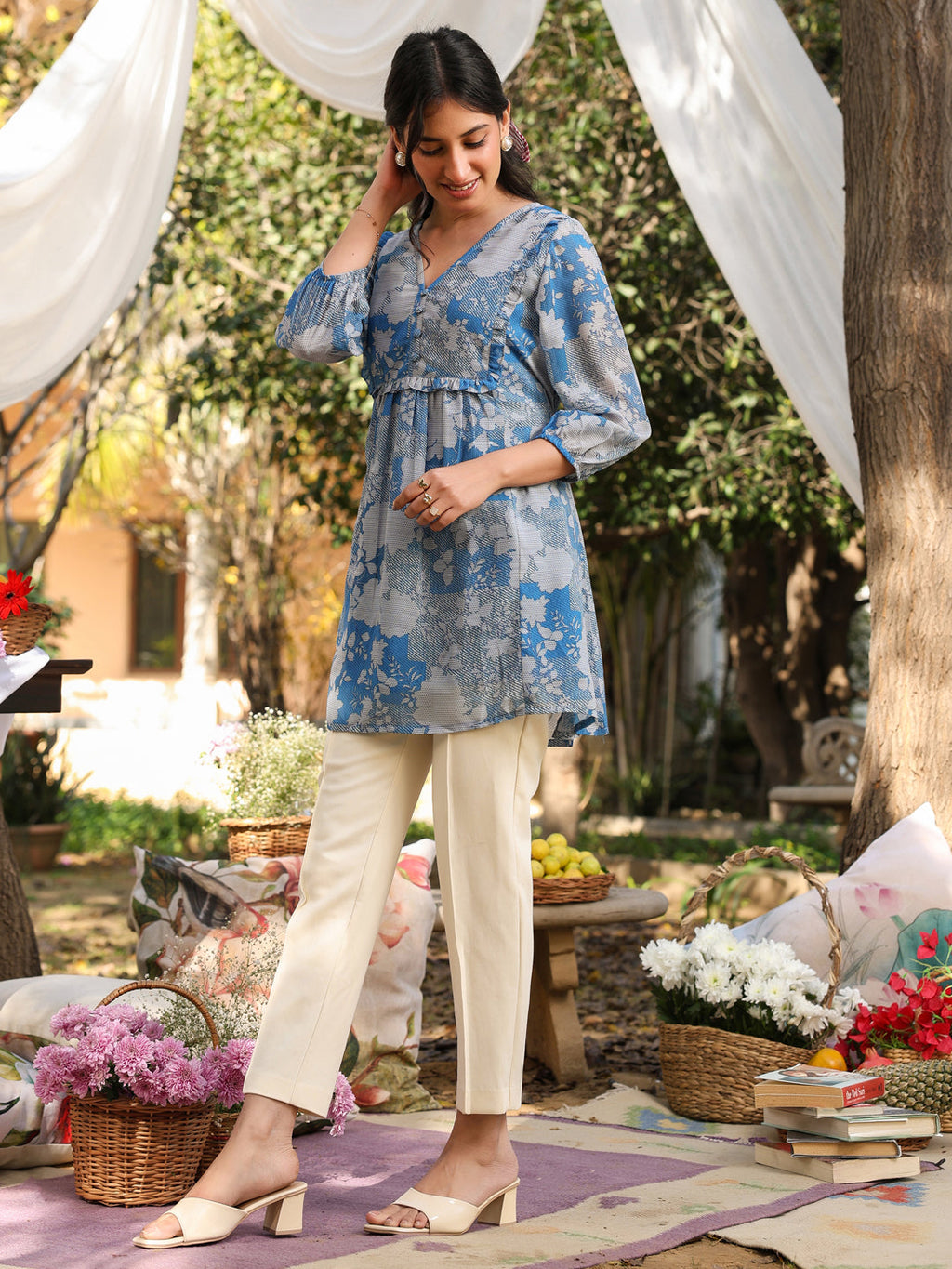 Janasya Bright Georgette Floral A-Line Tunic - Distacart