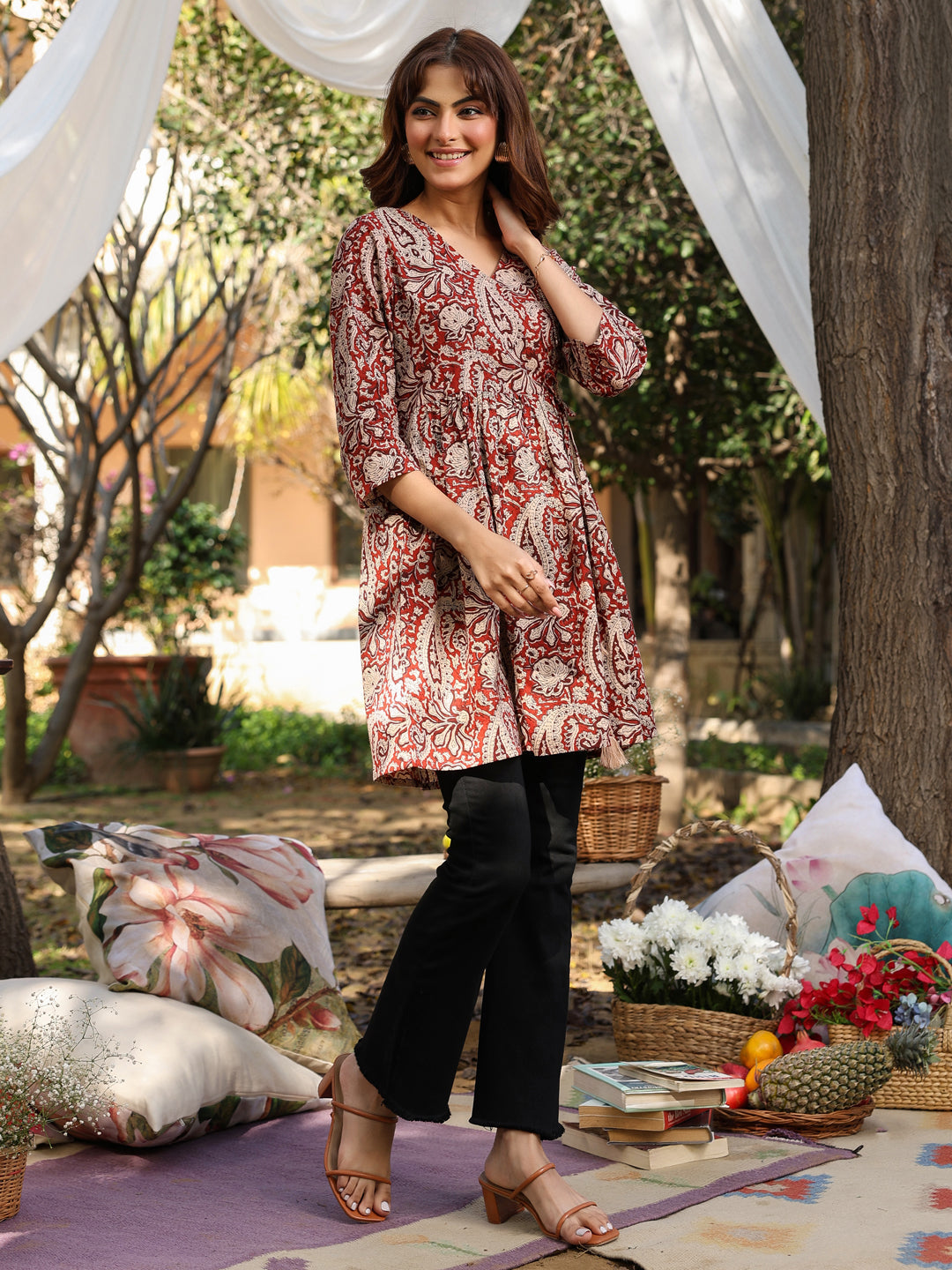 Janasya Dark Cotton Paisley A-Line Tunic - Distacart