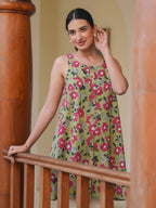Janasya Dark Cotton Floral A-Line Tunic - Distacart