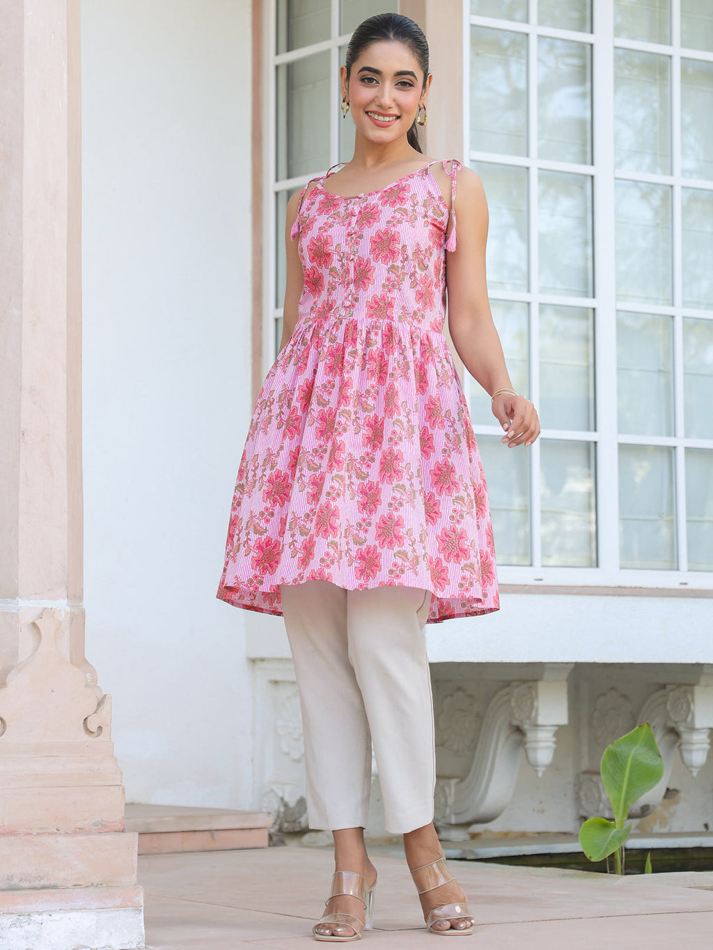 Janasya Bright Cotton Floral A-Line Tunic - Distacart