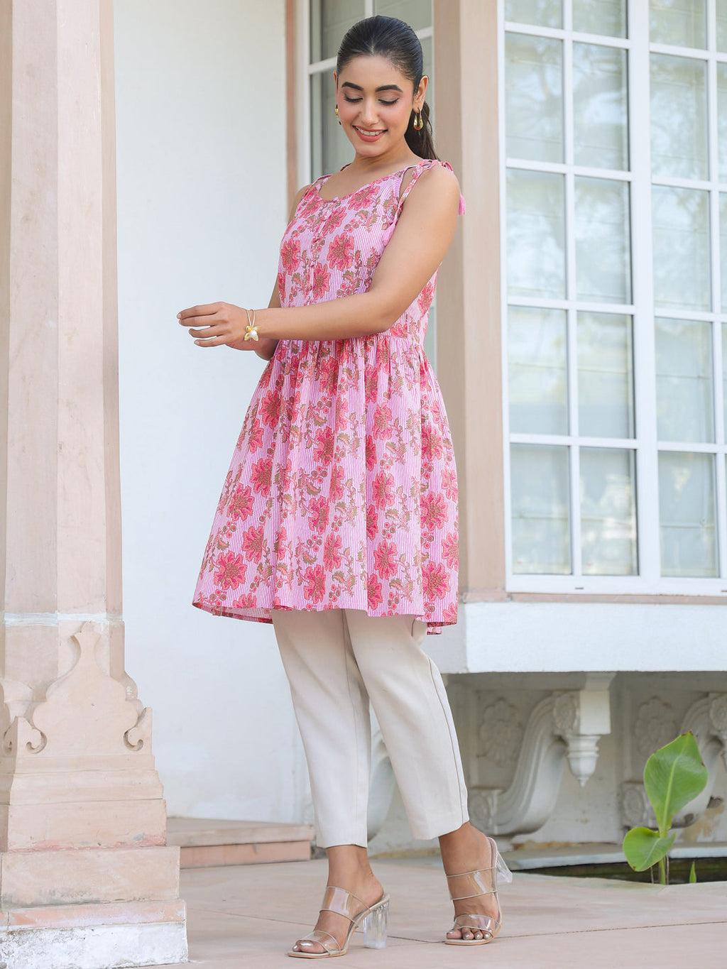Janasya Bright Cotton Floral A-Line Tunic - Distacart